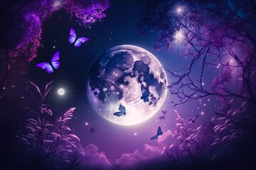Obraz na płótnie Canvas Magical fantasy romantic night background with full moon and glowing butterflies. Lunar midnight shiney particles, balloons and magical atmosphere. A purple violate fairytale concept. Generative AI