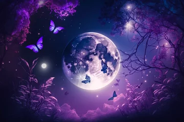 Foto auf Acrylglas Vollmond und Bäume Magical fantasy romantic night background with full moon and glowing butterflies. Lunar midnight shiney particles, balloons and magical atmosphere. A purple violate fairytale concept. Generative AI
