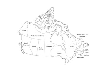 Canada political map of administrative divisions - provinces and territories. Handdrawn doodle style map with black outline borders and name labels.