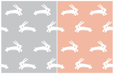 Cute Easter Vector Seamless Patterns with Funny White Bunnies  isolated on a Coral Red and Light Gray Background. Easter Repeatable Print with Happy Jumping Rabbit ideal for Fabric, Wrapping Paper.