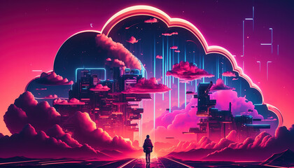 Cyber Cloud computing technology concept background, digital illustration generative AI