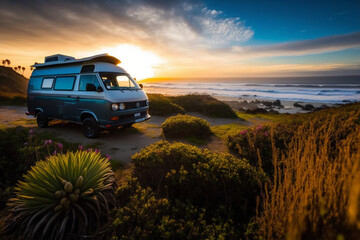 Fototapeta na wymiar The new Transporter Camping Van California Ocean in the coastal Nature