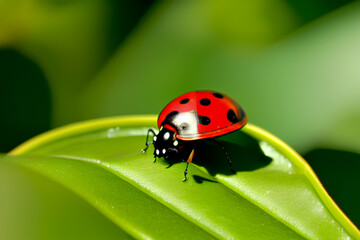 Fototapeta premium Macro photograph of a ladybug perched on green leaf. Ladybug close-up portrait. Generative AI illustration.