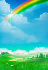 Plakat A colourful spring-summer day, a rainbow in the sky. Generative AI