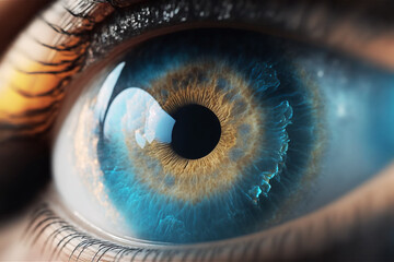 Blue human one macro eye closeup with focus on eyeball and eyelash. Generative AI