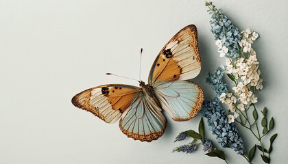 Fototapeta na wymiar Beautiful butterfly with spring flowers on a neutral background. take overhead. Space to place text.