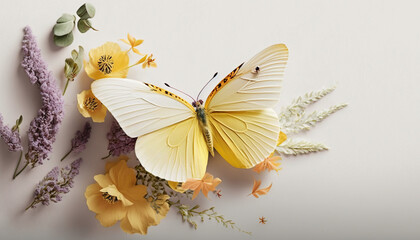 Beautiful butterfly with spring flowers on a neutral background. take overhead. Space to place text.