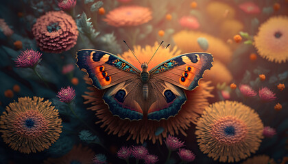 Fototapeta na wymiar Beautiful colorful butterfly on spring flowers.