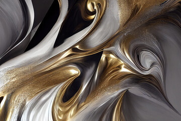 Fluid art texture. Abstract backdrop with mixing gold white and black paint effect acrylic artwork generative ai.