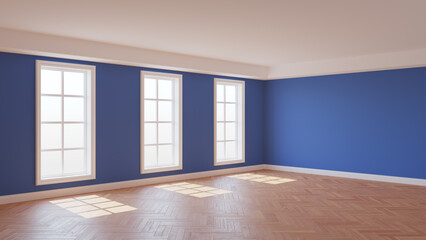 Sunny Interior with Dark Blue Walls, Three Large Windows, White Ceiling and Cornice, Glossy Herringbone Parquet Flooring and a White Plinth, 3D illustration. 8K Ultra HD, 7680x4320, 300 dpi