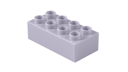 Lilac Plastic Bricks Block Isolated on a White Background. Children Toy Brick, Perspective View. Close Up View of a Game Block for Constructors. 3D illustration. 8K Ultra HD, 7680x4320, 300 dpi