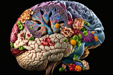 Floral human brain. Mental health concept, 3d model, illustration created with Generative AI technology. Flower design, plant and leaves, black background. Intelligence symbol, psychology.