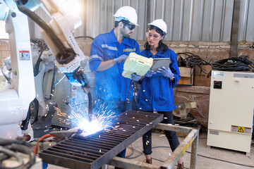 In robotic maintenance shop an engineer hold controller operate robot arm welding fire spark