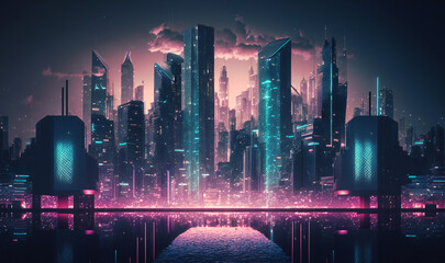 A modern city with a wireless network connection, depicted in a cityscape concept with a night background
