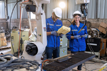 In robotic maintenance shop an engineer hold controller operate robot arm welding fire spark