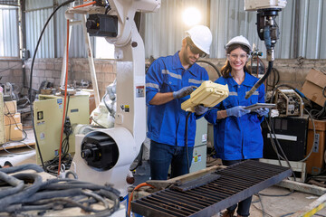 In robotic maintenance shop an engineer hold controller operate robot arm welding fire spark