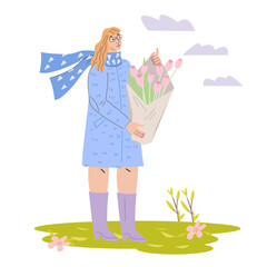 Blond woman with flowers, flat vector illustration on white background. Woman carrying flowers for the Mother's day, Valentine's day, March 8 women's day. Young girl with gift.
