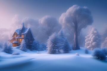 3D Snowy Houses With Tree in Winter Seasson Illustration - generative ai