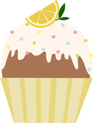 Vector illustration with cupcake with buttercream, sprinkles and lemon slice on top in cartoon style