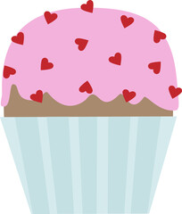 Vector illustration of cupcake with heart shaped sprinkles and pink cream in cartoon style. Vector icon of Valentins day muffin