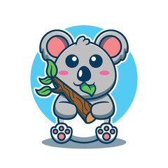 Fototapeta premium Cute koala mascot holding branches and leaves in his mouth.Beautiful Australian Animals Cartoon Character Vector Illustration.