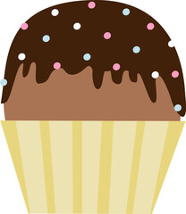 Vector illustration of chocolate cupcake with icing and sprinkles on top in cartoon style