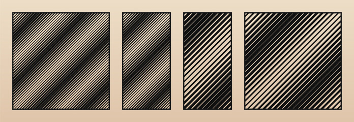 Laser cut patterns with halftone lines, diagonal straight stripes. Vector template set for CNC cutting. Decorative panels. Stencil for laser cut of wood, metal, paper, plastic. Aspect ratio 1:2, 1:1