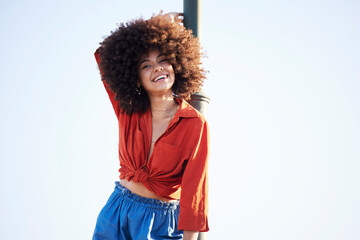 Woman, happy and outdoor portrait for fashion on a blue sky background with summer mock up space....