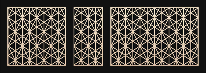 Laser cut patterns with grid, lines, triangles, diamonds. Vector template set for CNC cutting. Decorative panels. Stencil for laser cut of wood, metal, paper, plastic. Aspect ratio 1:1, 1:2, 3:2