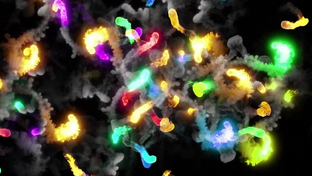 Multi-colored fireballs fly along a complex trajectory. Bright magical meteors swirl and emit a plume of smoke. The composition is ideal as a background or element for a logo