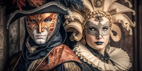 Rolgordijnen Elegant people in masquerade carnival mask at Venice Carnival. Beautiful women and men wearing venetian mask. digital ai art  © Viks_jin