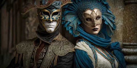 Poster Elegant people in masquerade carnival mask at Venice Carnival. Beautiful women and men wearing venetian mask. digital ai art  © Viks_jin