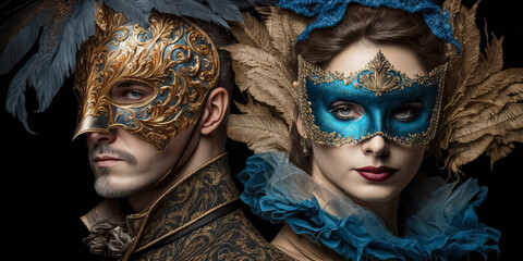 Elegant people in masquerade carnival mask at Venice Carnival. Beautiful women and men wearing venetian mask. digital ai art	 - obrazy, fototapety, plakaty