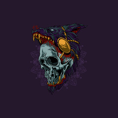 combination skull head with wolf with ornament background