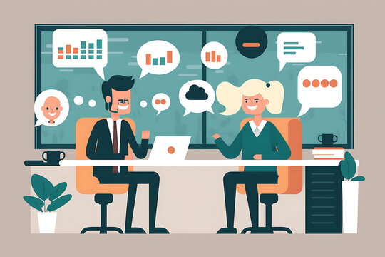 Flat vector illustration Smiling business people discussing in office  