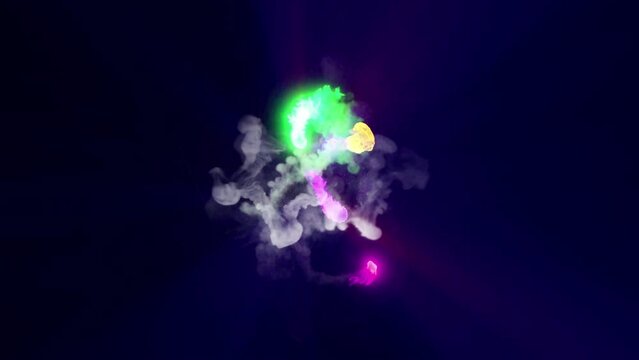 Multi-colored fireballs fly along a complex trajectory. Bright magical meteors swirl and emit a plume of smoke. The composition is ideal as a background or element for a logo