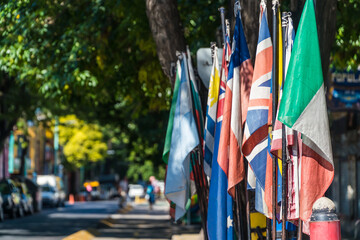 Flags of the several country in a row on the street in the city of Buenos Aires, Argentina