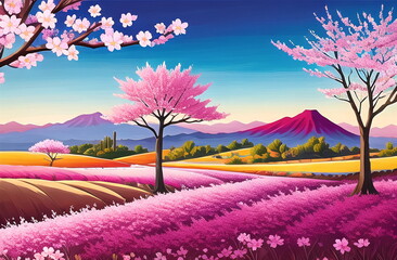 Naklejka na ściany i meble Pink cherry tree blossom flowers blooming in spring, sakura, easter time. ai generated landscape