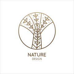 Geometrical logo of palm tree with leafs in linear style. Decorative round outline emblem. Vector abstract badge for design of natural product, flower shop, cosmetics, ecology concepts, health, spa.