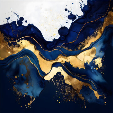 Alcohol Ink Of Navy Blue And Gold Marbling Abstract Background With Gold Glitter Generative AI