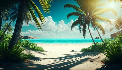 Abandoned tropical virgin sandy beach with palm trees, shining sun and clouds on sky. Tropical paradise sandy beach without people. Sun shining on the summer tropical beach. Generative AI