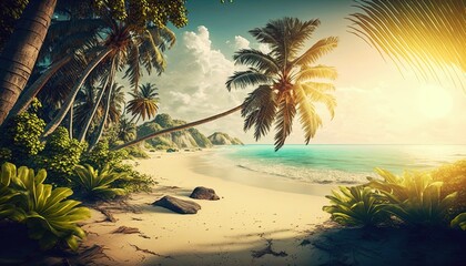 Abandoned tropical virgin sandy beach with palm trees, shining sun and clouds on sky. Tropical paradise sandy beach without people. Sunset on the beach. Generative AI.
