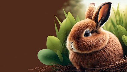 Easter postcard with cute fluffy bunny in green leaves on brown background, easter design postcard with brown bunny, copy space on the left. Generative AI.
