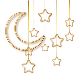 Ramadan realistic golden crescent moons with hanging stars isolated PNG. Ramadan Kareem 3d design element for muslim holidays isolated. © Ann_Sereda