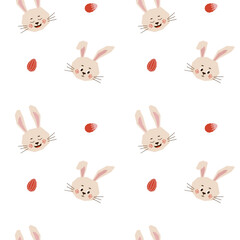 A seamless pattern of cute bunnies and Easter eggs. Festive pattern for fabric, wrapping paper, childrens clothing. Vector illustration.
