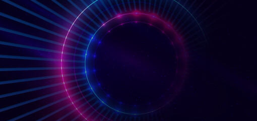 Obraz premium Abstract technology futuristic circles neon pink and blue light lines on dark blue background with dust galaxy and copy space for text.