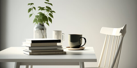 Simple minimalist interior design photo of books, coffee and chairs. Minimalist modern living room interior background. Generative AI illustration.