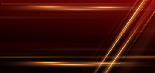 Elegant golden lines glowing with lighting effect sparkle on dark red background. Template premium award design.