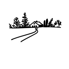 Winter rural landscape. A hand-drawn graphic sketch. Vector illustration