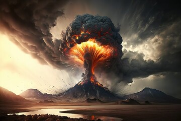 Night landscape with volcano and burning lava. Volcano eruption, fantasy landscape. 3D illustration. - Generative AI - obrazy, fototapety, plakaty